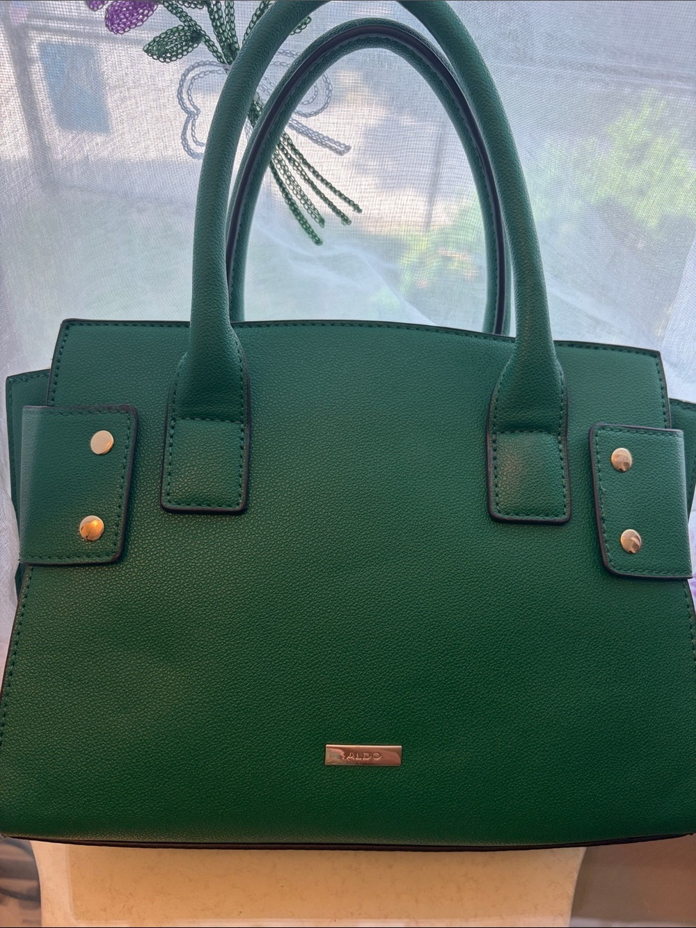 ALDO Dark Green Structured Satchel with Gold Hardware